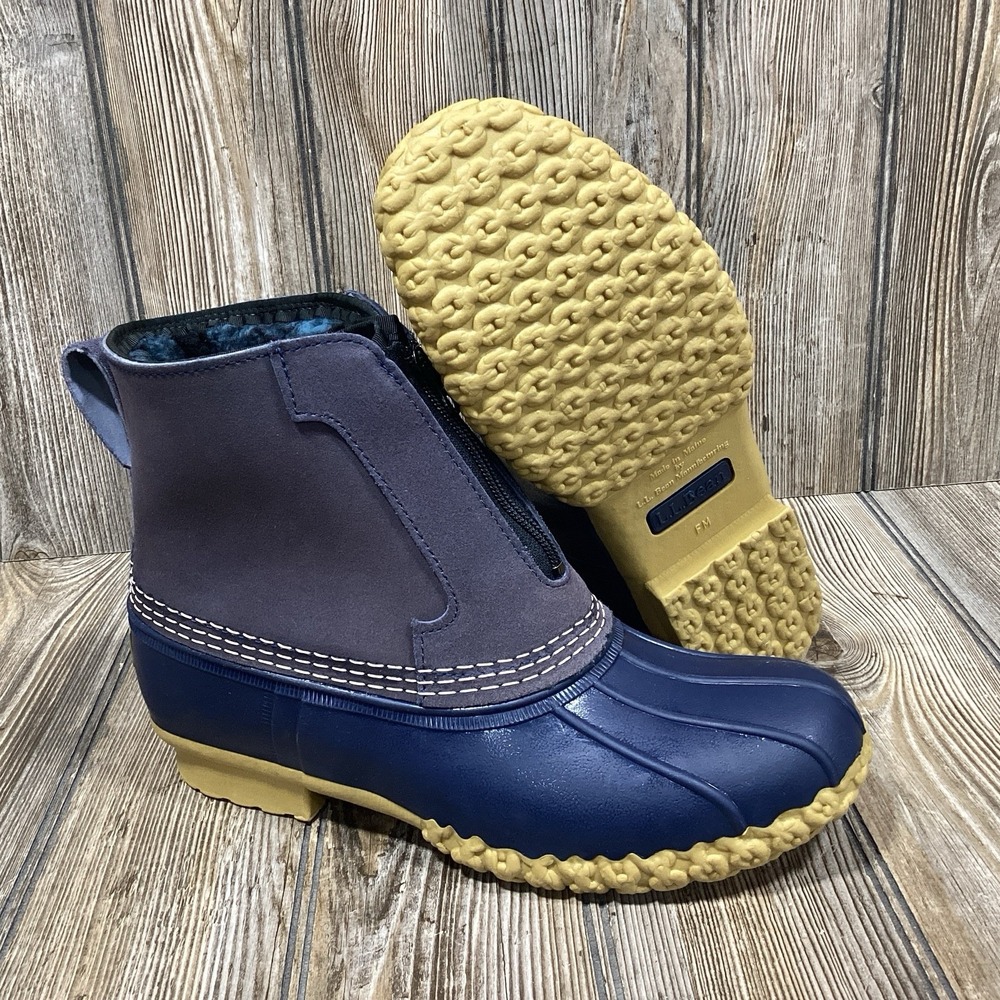 LL Bean Blue Leather Front Zip Fleece Lined Insulated Duck Boots Women's Size 7